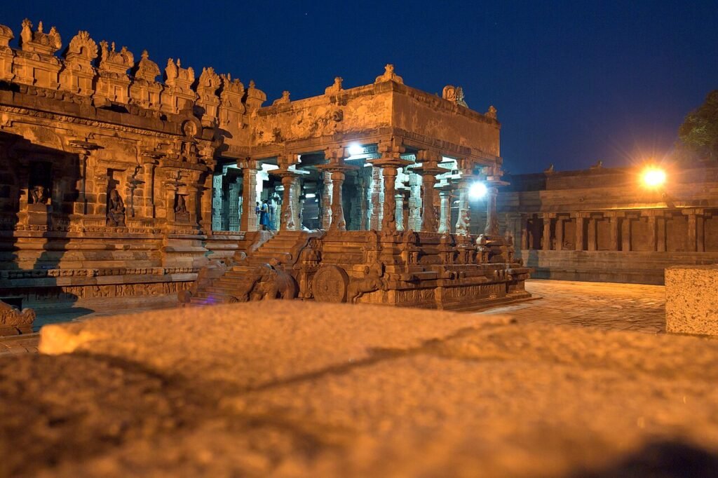 Darasuram, Airavatesvara Temple, Mandapa at night 4, India